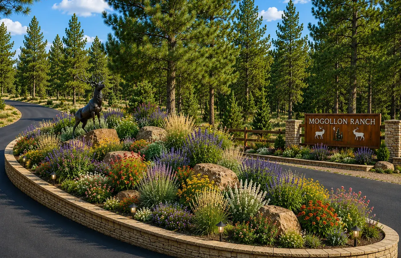 Mogollon Ranch entrance monument surrounded by forest landscaping